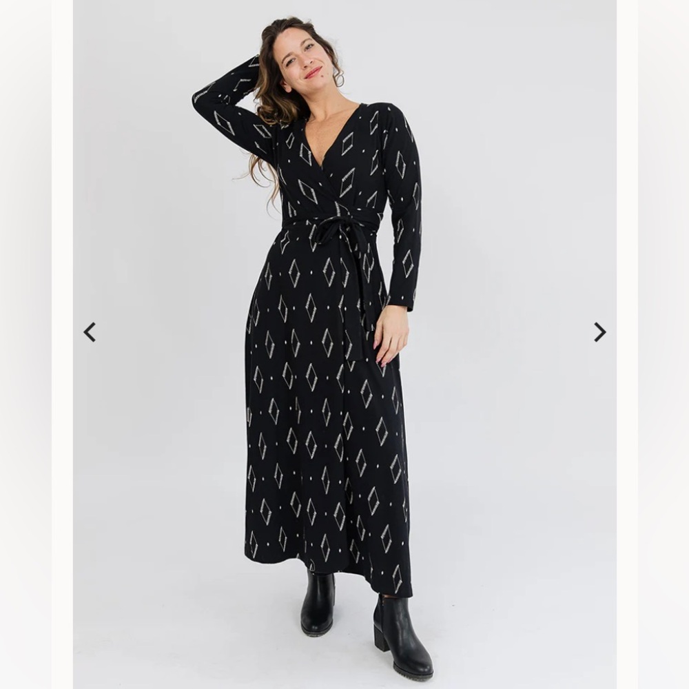 Mata Traders Katie Diamond Vine maxi wrap dress, black, size S